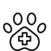 Black paw print outline with a medical cross inside it.