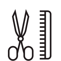 Line drawing of scissors and a ruler, both depicted in a simple, minimalist style.