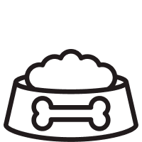 Line drawing of a pet bowl filled with food. The bowl has a bone symbol on its side.