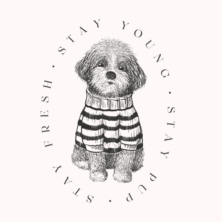 Illustration of a small dog wearing a striped sweater, surrounded by the words "Stay Young, Stay Fresh, Stay Pup" in a circular arrangement.