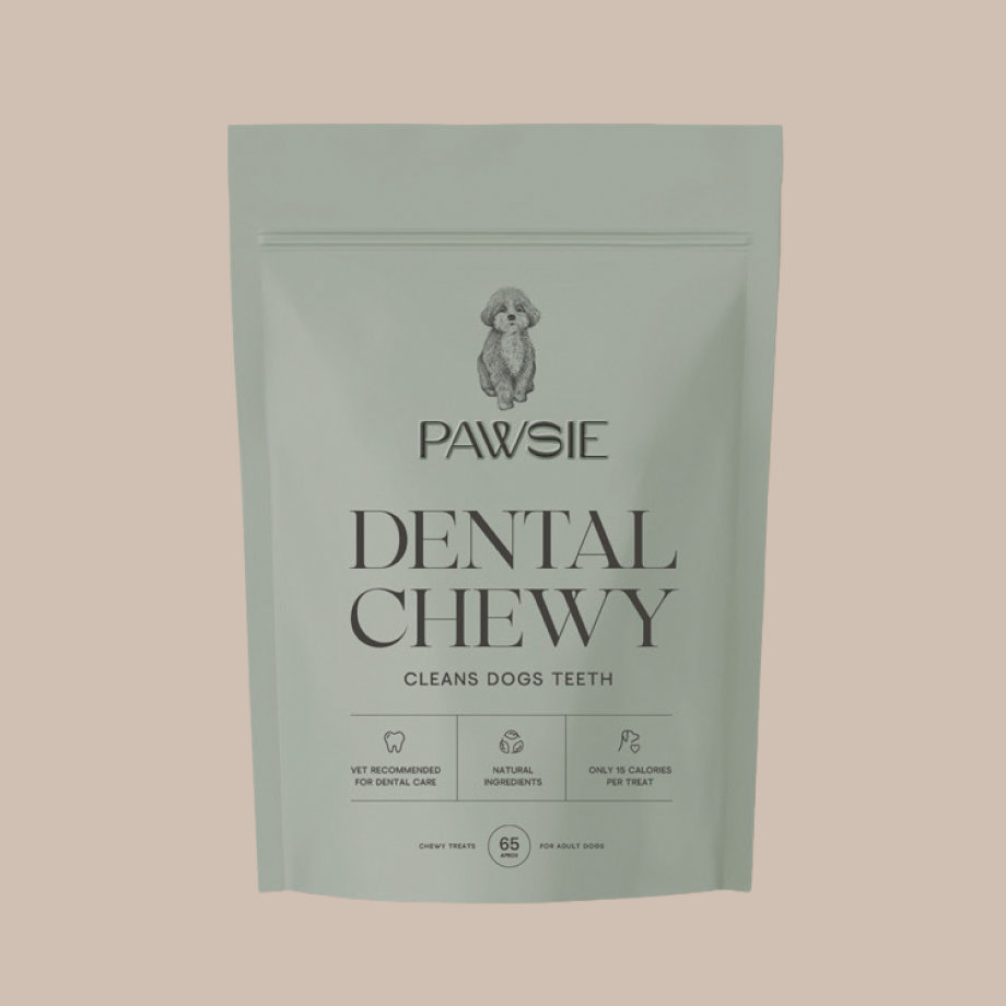 A green package of Pawsie Dental Chewy for dogs. The package emphasizes dental cleaning, being vet recommended, containing natural ingredients, and having only 16 calories per treat.